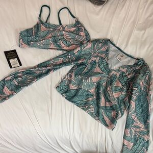 art class Tropical Leaf Print Kids Swim Bikini Set - Green and Pink